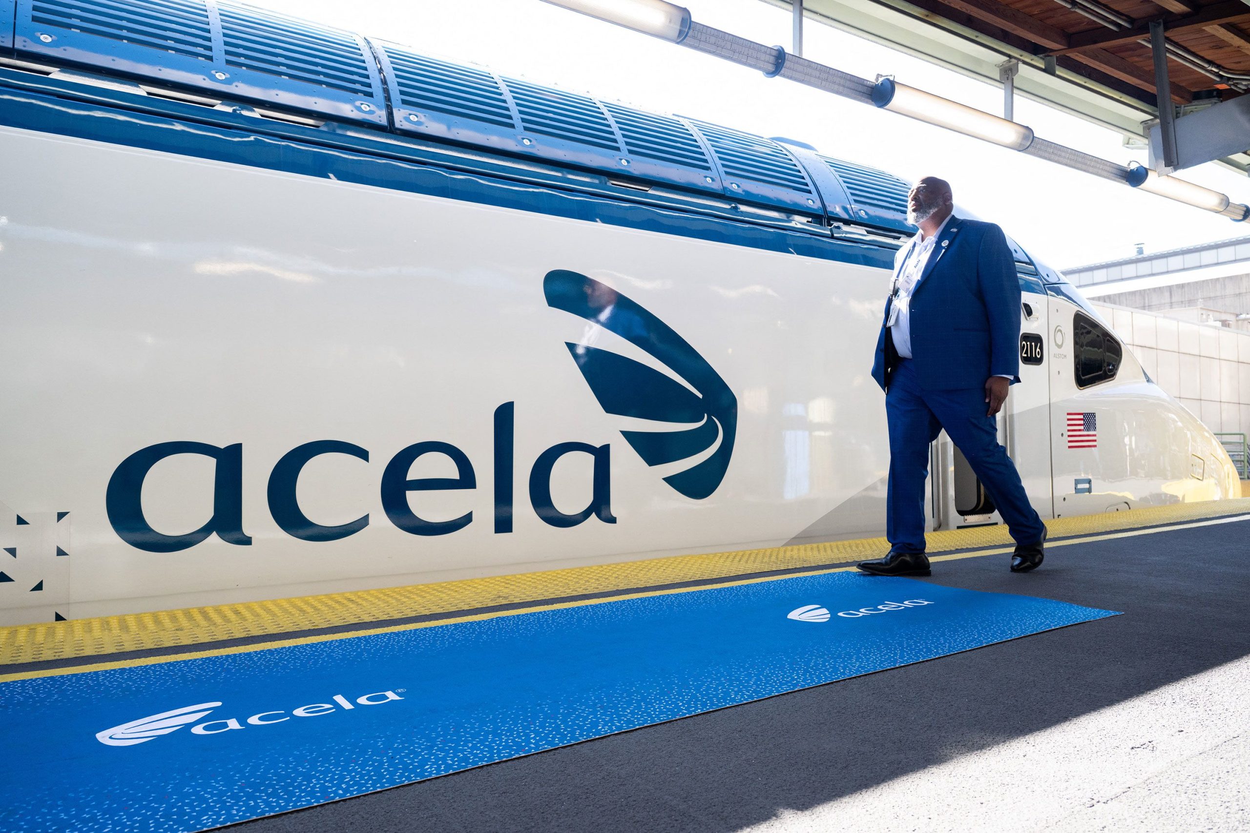 Amtrak's NextGen Acela high speed train before its inaugural departure from Union Station in Washington, DC, on August 27, 2025.