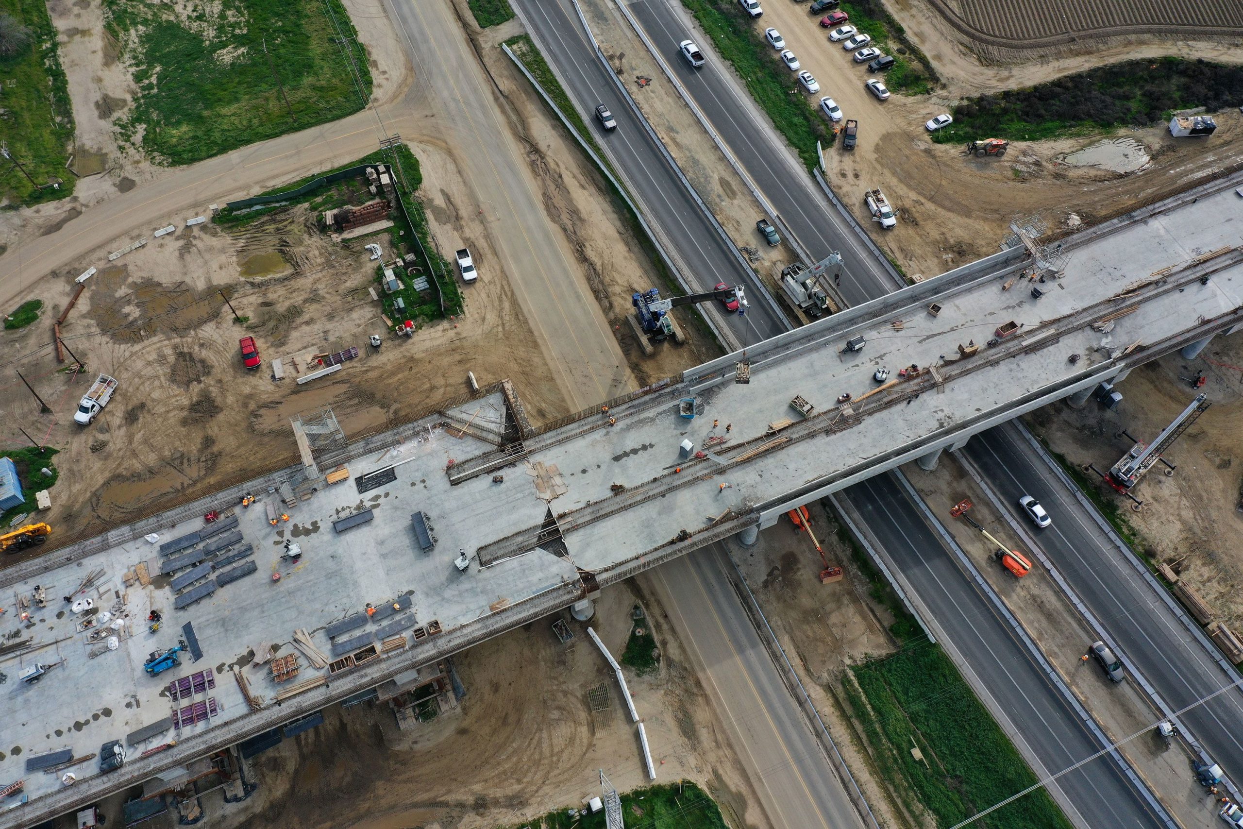Construction workers build the Hanford Viaduct as part of the California high speed rail transit project in Hanford, California, on February 12, 2025.