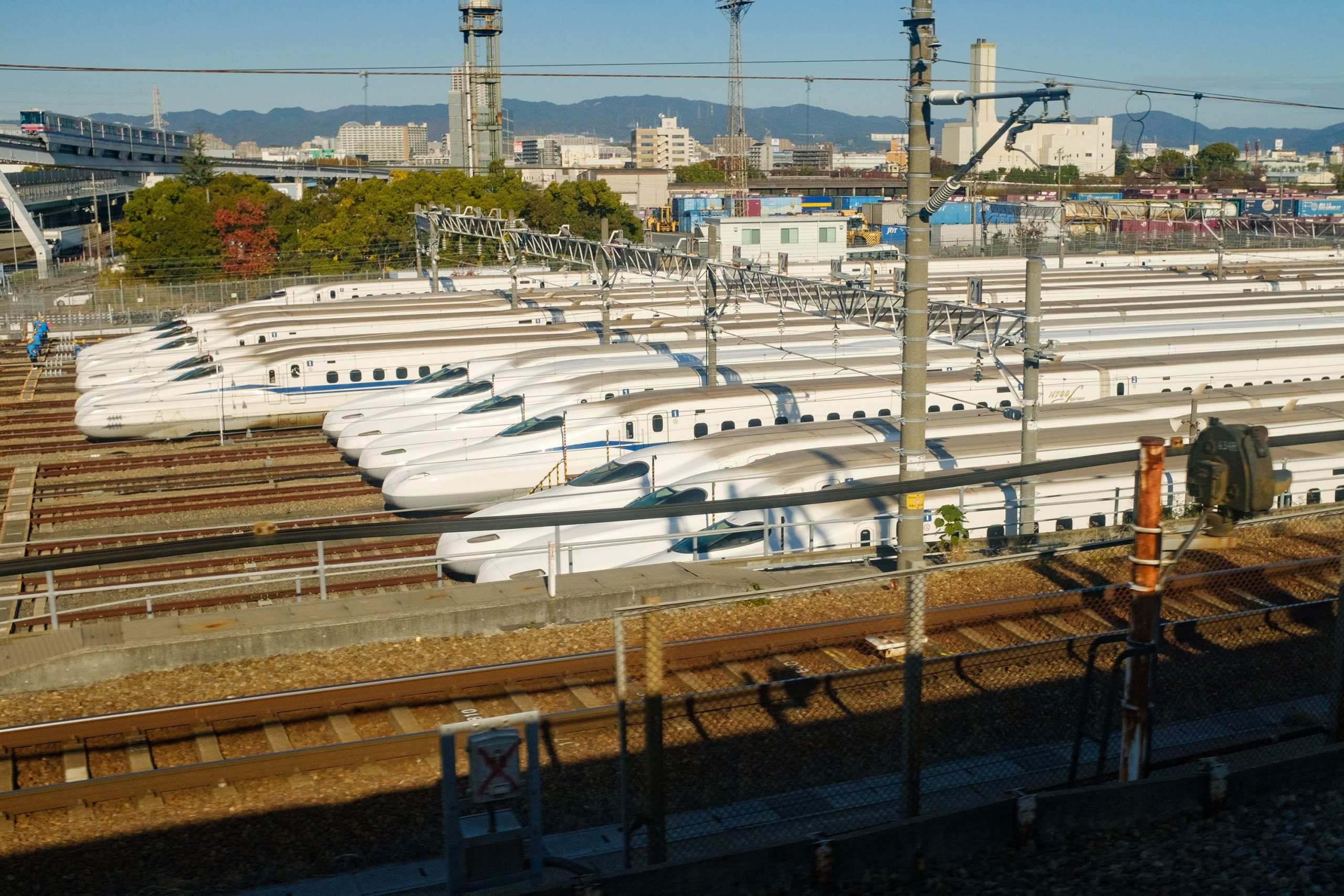 The Japanese Shinkansen, high speed trains, in Osaka, Japan, in December 2024.