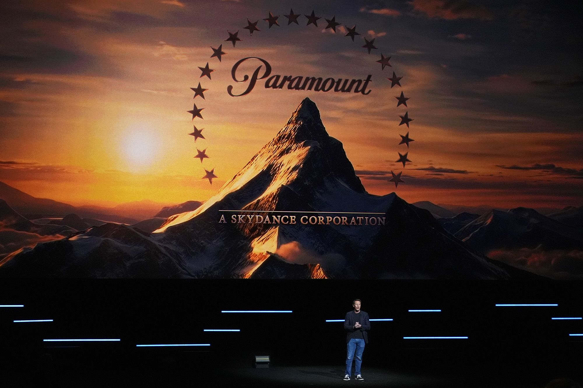 David Ellison, CEO of Paramount Skydance, speaks during the Paramount Pictures presentation at CinemaCon on April 16, at Caesars Palace in Las Vegas.