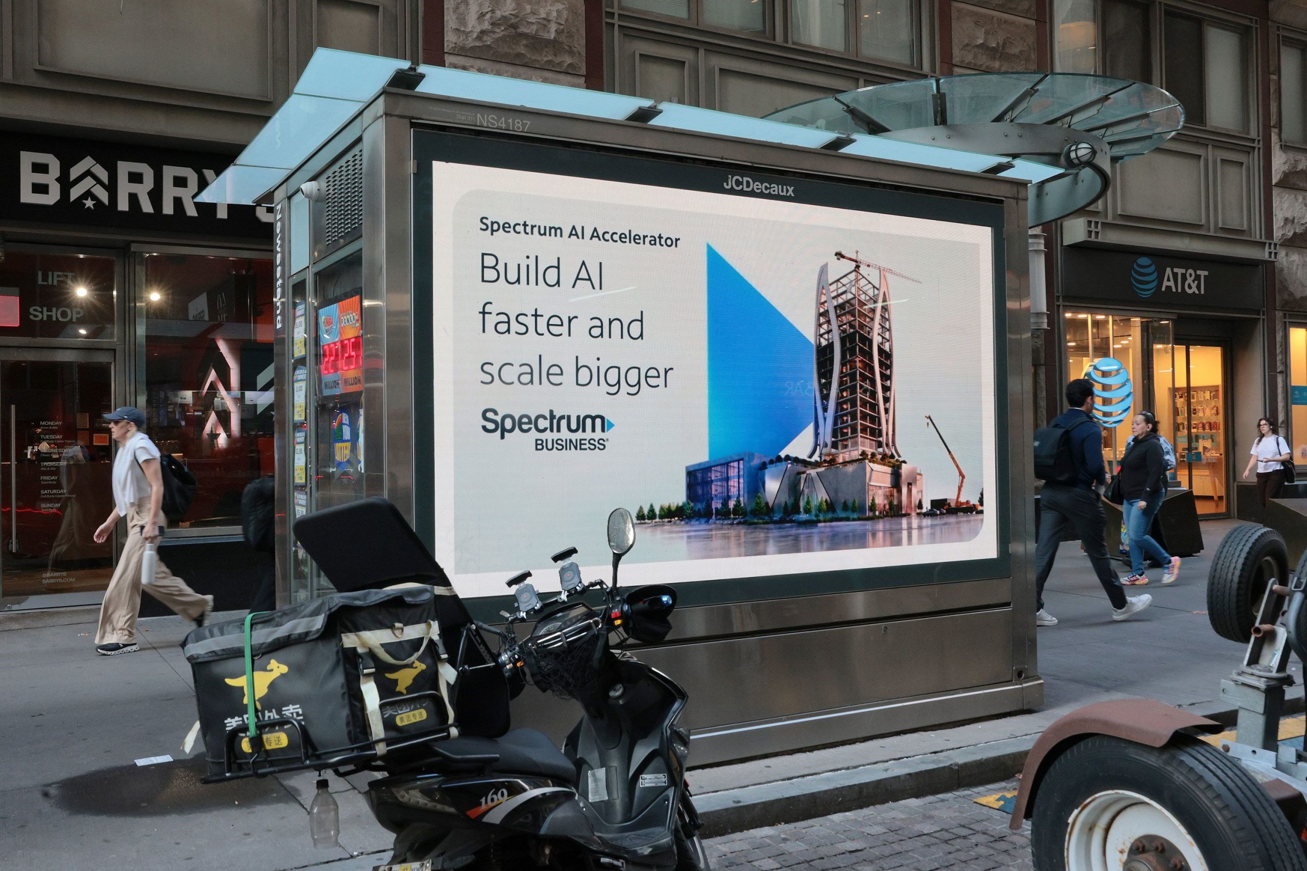An AI advertisement is displayed near the New York Stock Exchange on September 14, 2026, in New York.